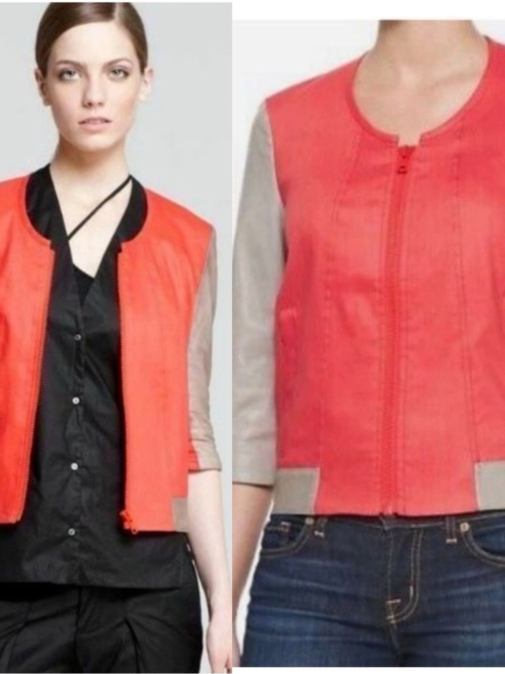 Helmut Lang Red and Taupe Leather Bomber Jacket S